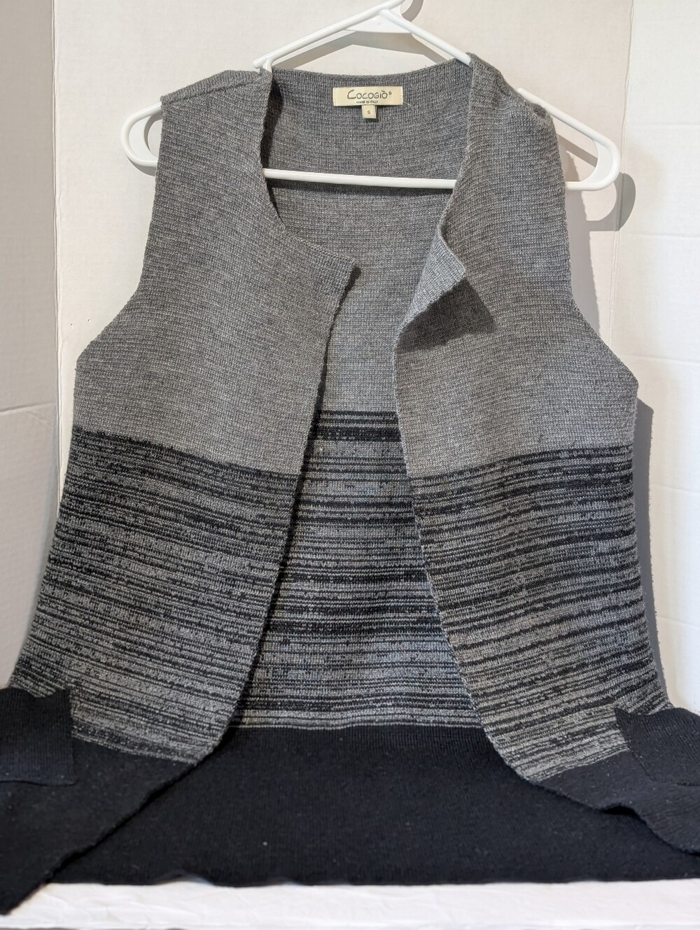 CocoGio Italy Marino Wool Blend Long Line Open-Front Vest, Gray/ Black, Small